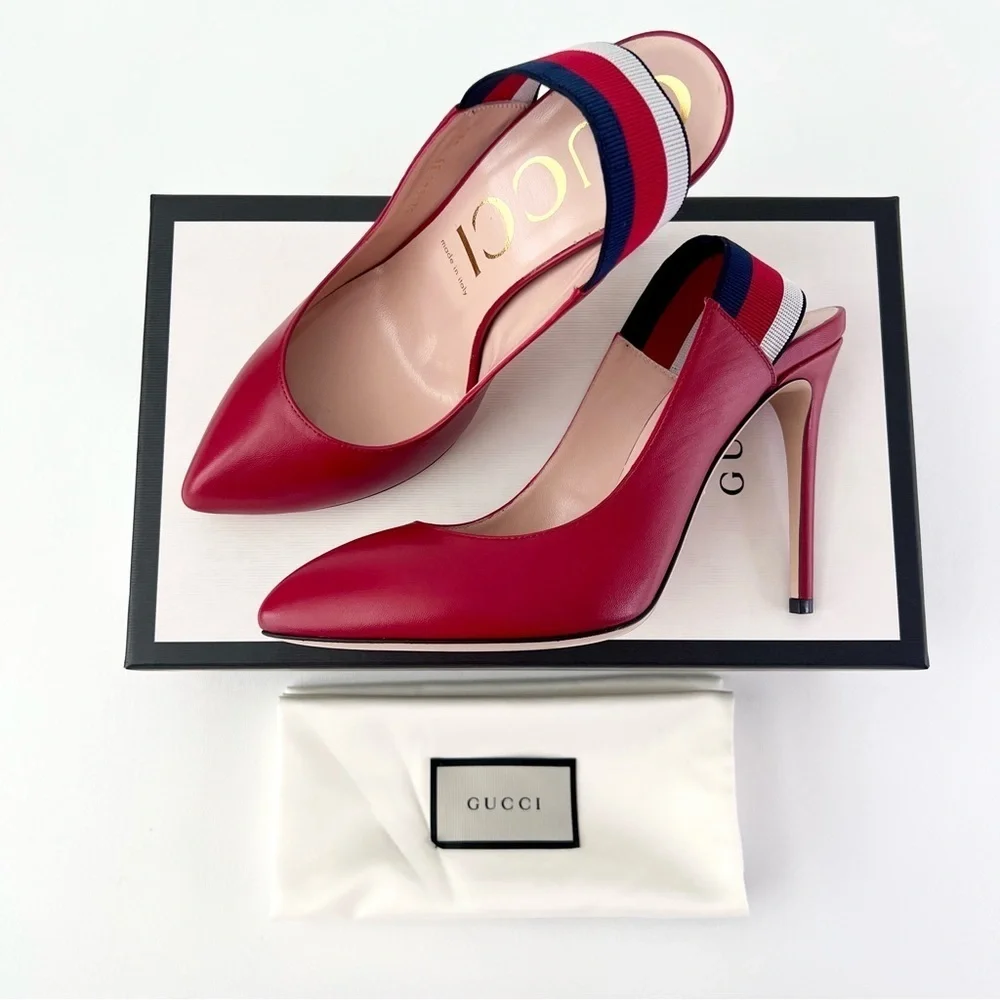 New‎ GUCCI | Sylvie Web Stripe Slingback Red Leather Pointed Pumps EU 39 US 9